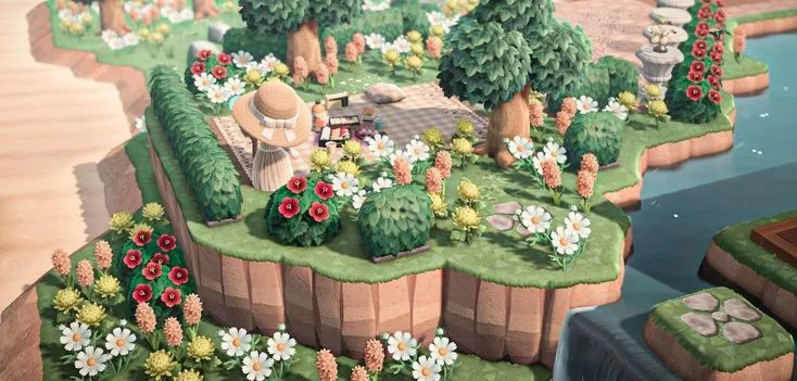 An elegant Animal Crossing island with tagged items